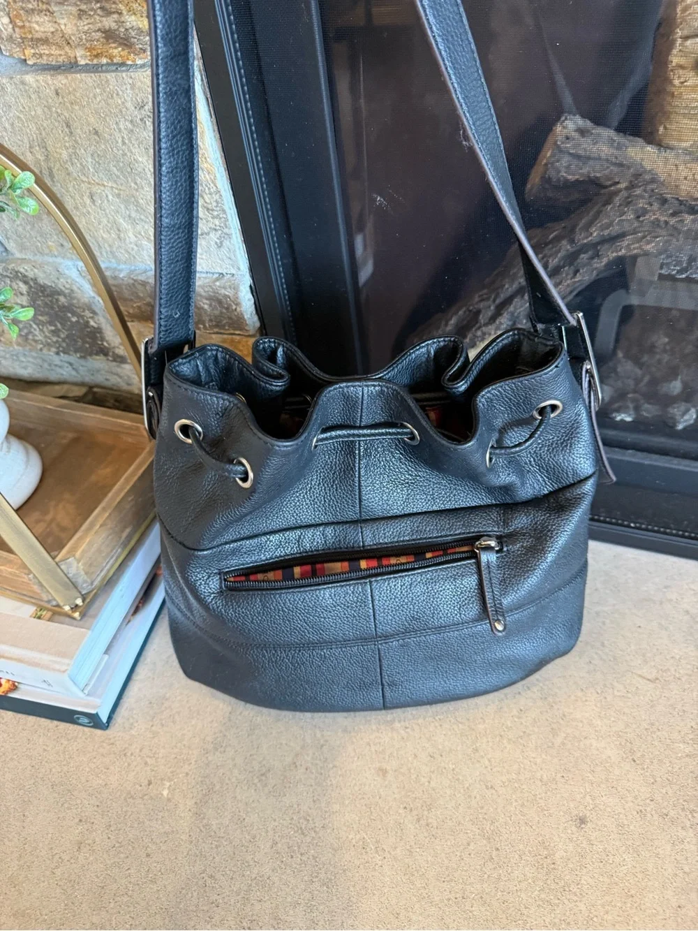 Classic Black Leather Drawstring Bucket Bag